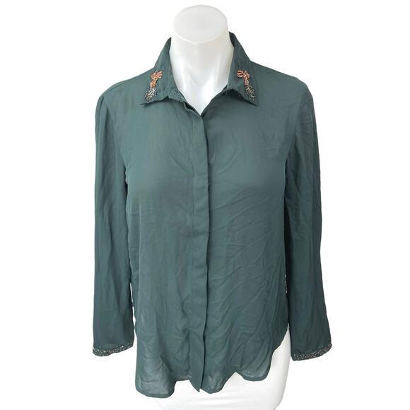 NEW Zara Basic Green Beaded Lightweight Long Sleeve Button Down Shirt Top Size S - Picture 1 of 5